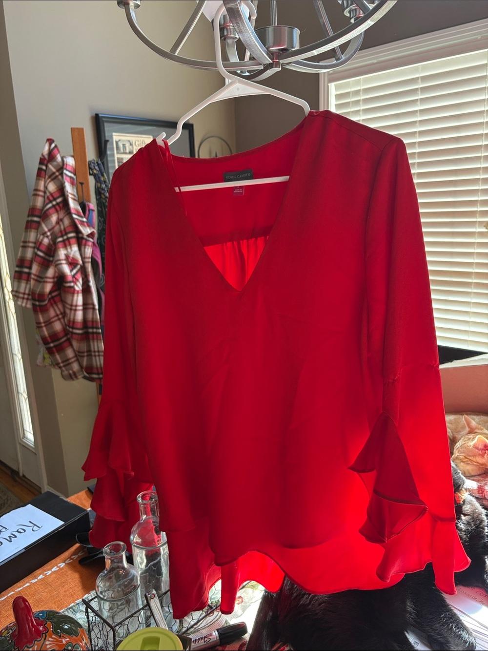 Vince Camuto Red V-Neck Ruffle Sleeve Blouse